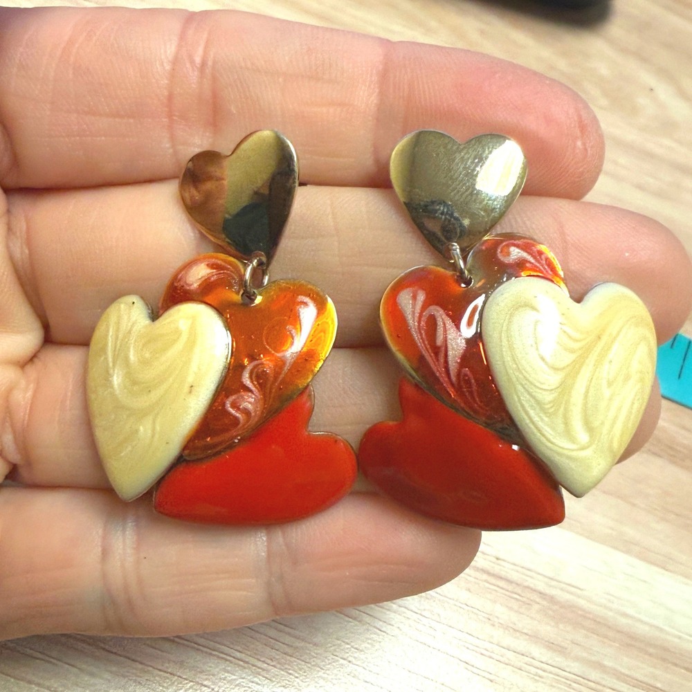 Vintage Style Layered Heart Statement Drop Earrings Red Cream Gold Enamel Post